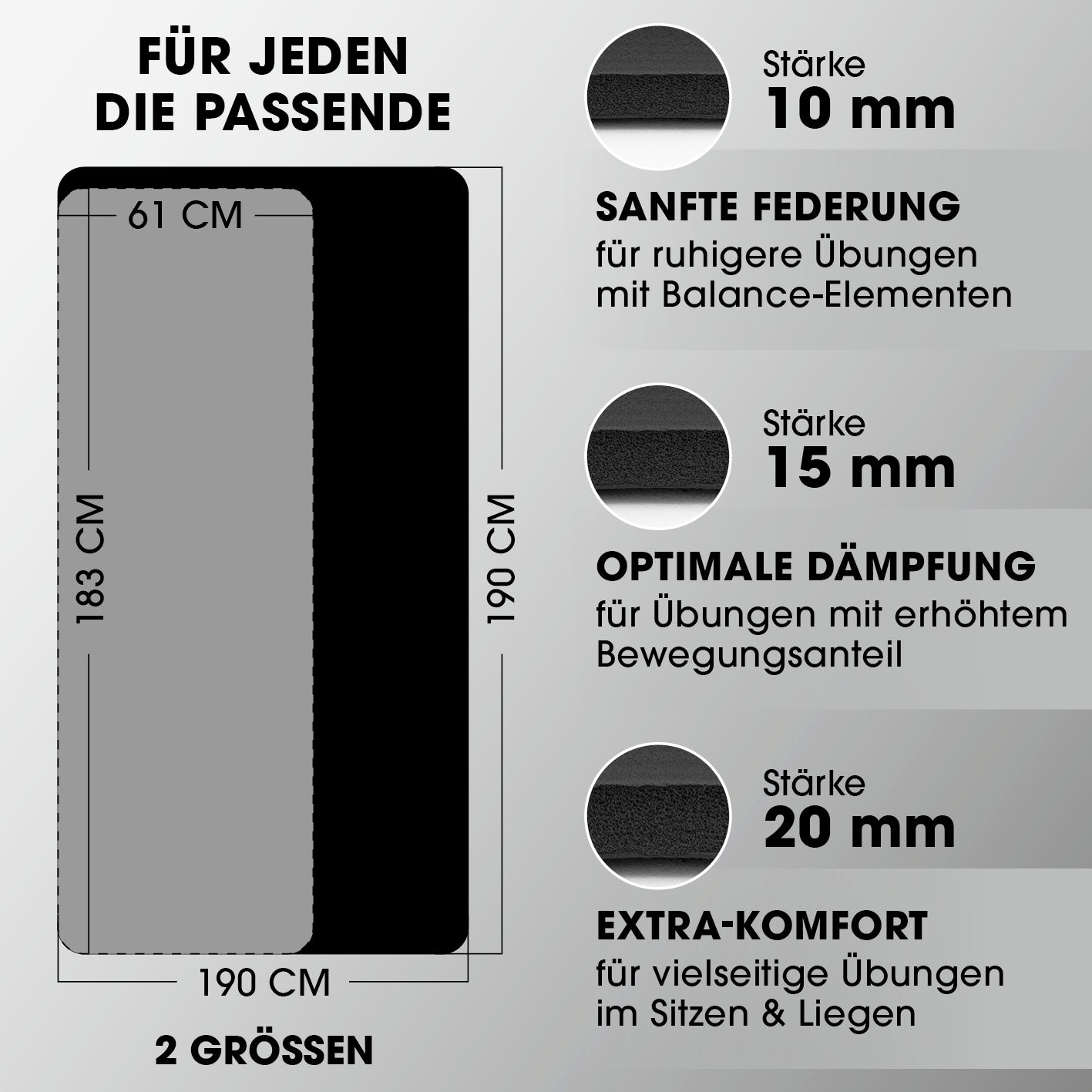 Fitness- und Gymnastikmatte - 190 x 100 x 1 cm - Schwarz