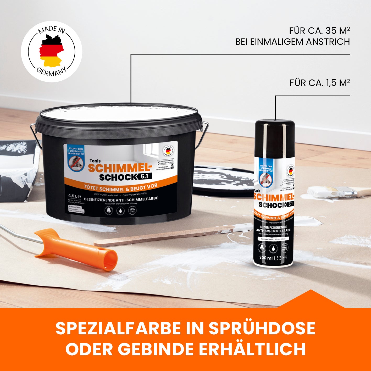 Tonis SCHIMMELSCHOCK 5.1 - Antimikrobielle Spezialfarbe - 2er-Set (2x 300 ml) - weiß