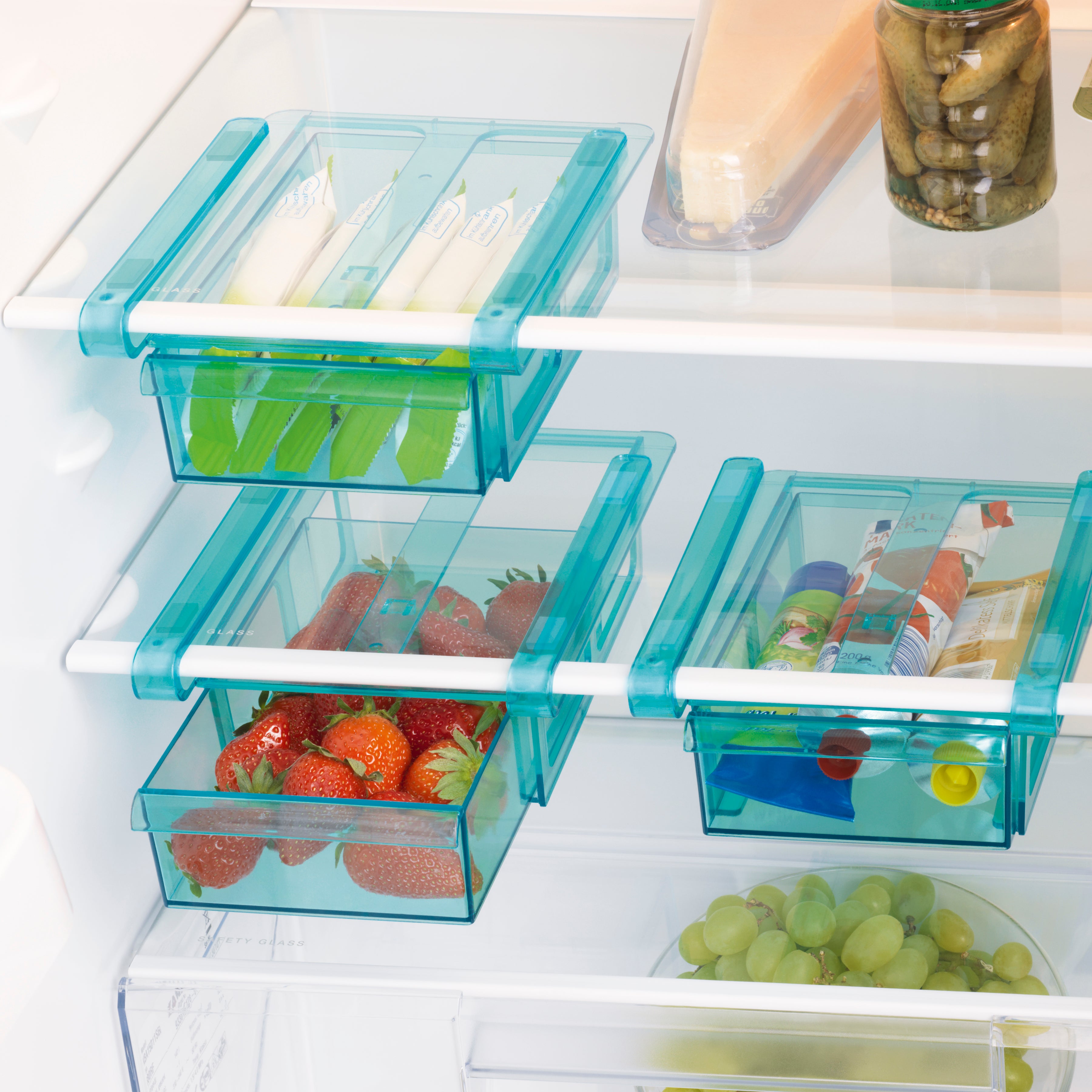 Klemm-Schublade für Kühlschrank - 3er-Set - transparent/blau