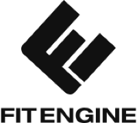 FITENGINE Logo, schmale Schrift FITENGINE, darüber ein gekipptes E.