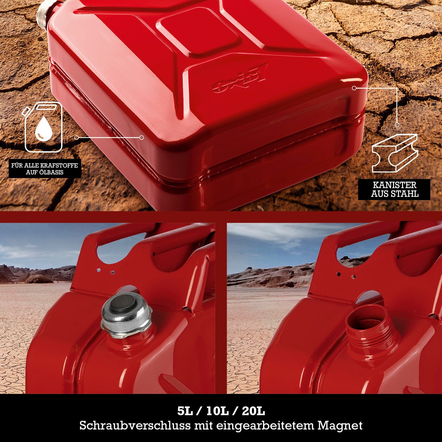 Metall-Kraftstoffkanister mit Schraubverschluss - 20 Liter - Rot