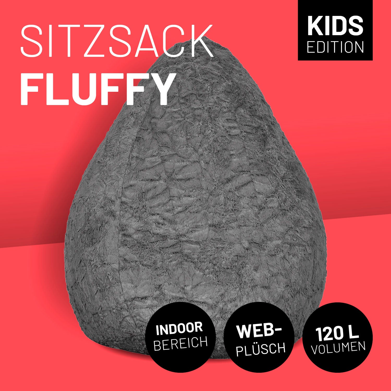 Luxury Fluffy Sitzsack stylischer Webplüsch Beanbag - 120L Füllung - Grau