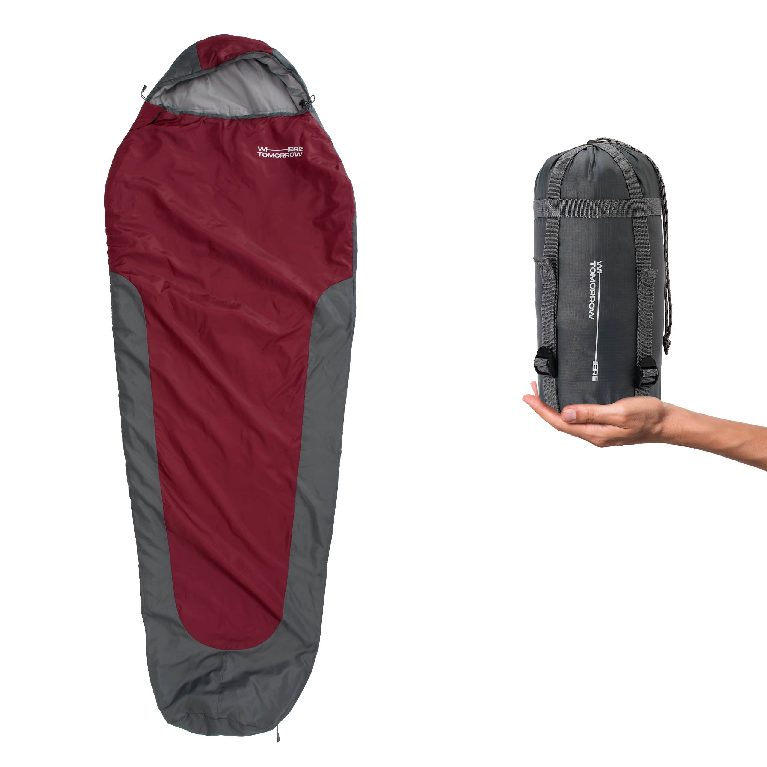 Camping Schlafsack Small & Light - Mumienschlafsack mit Tasche - 220 x 80 x 50 cm - Rot-Grau