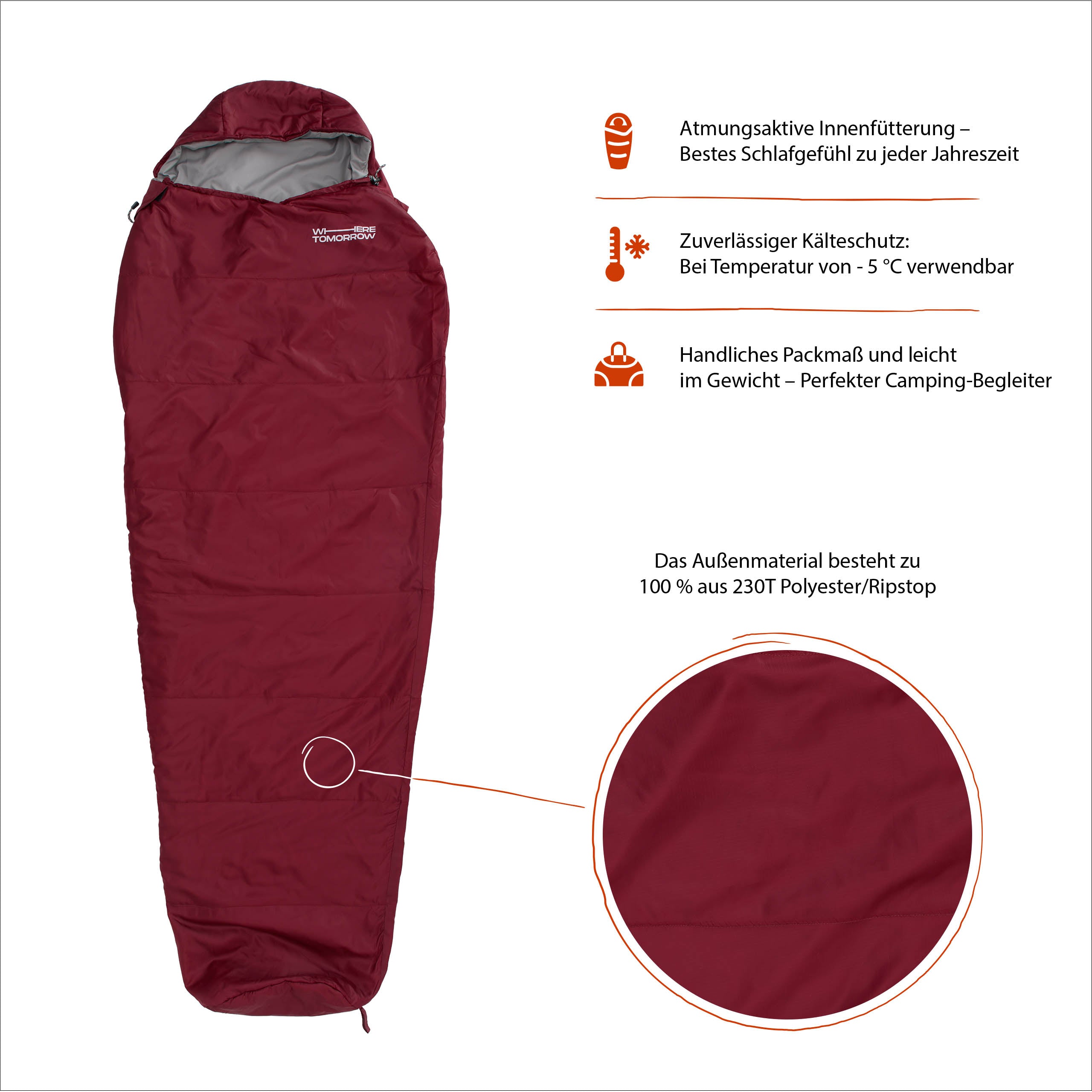 Camping Schlafsack Small & Light - Mumienschlafsack mit Tasche - 220 x 80 x 50 cm - Rot