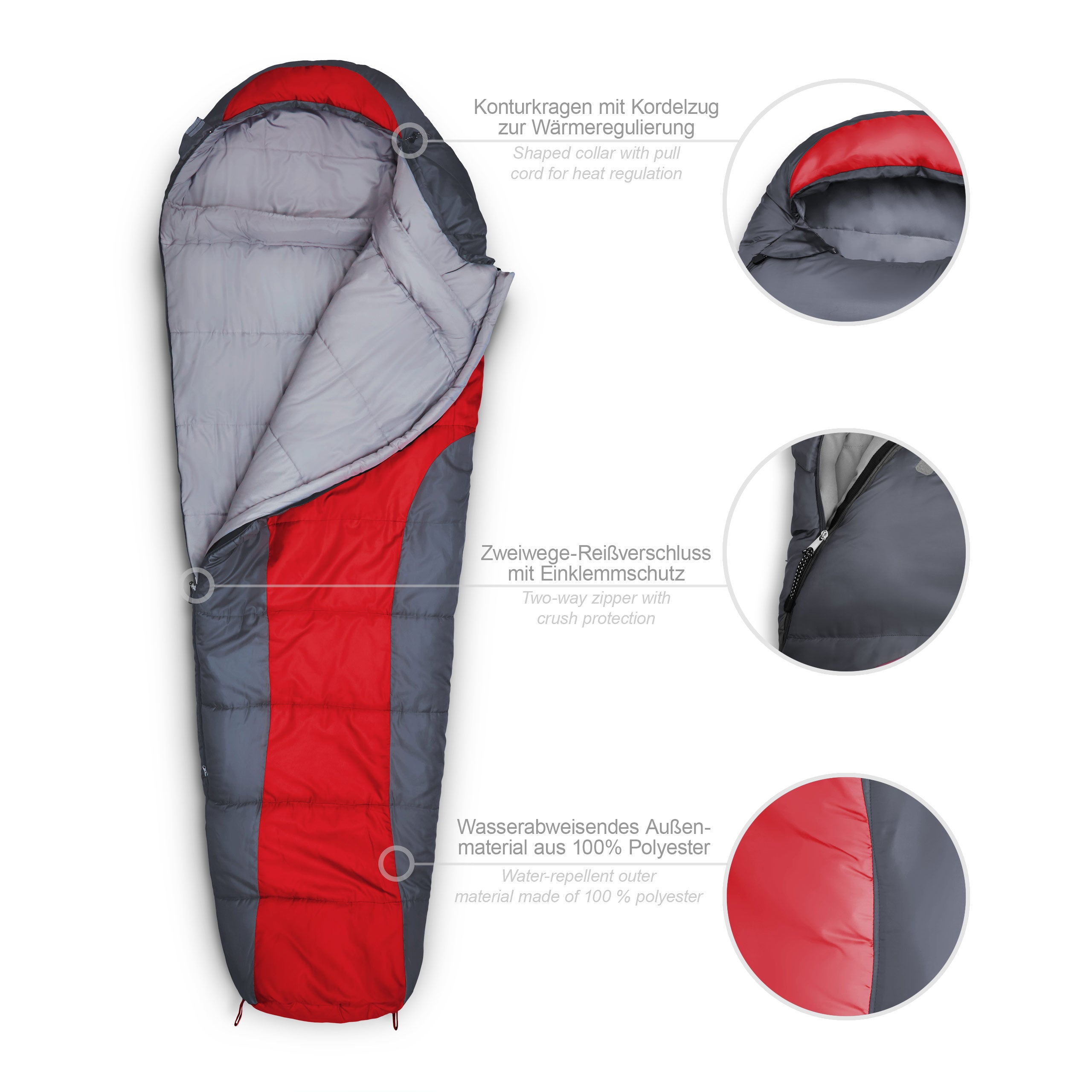 Camping Schlafsack Classic - Mumienschlafsack mit Tasche - 230 x 80 x 55 cm - Rot