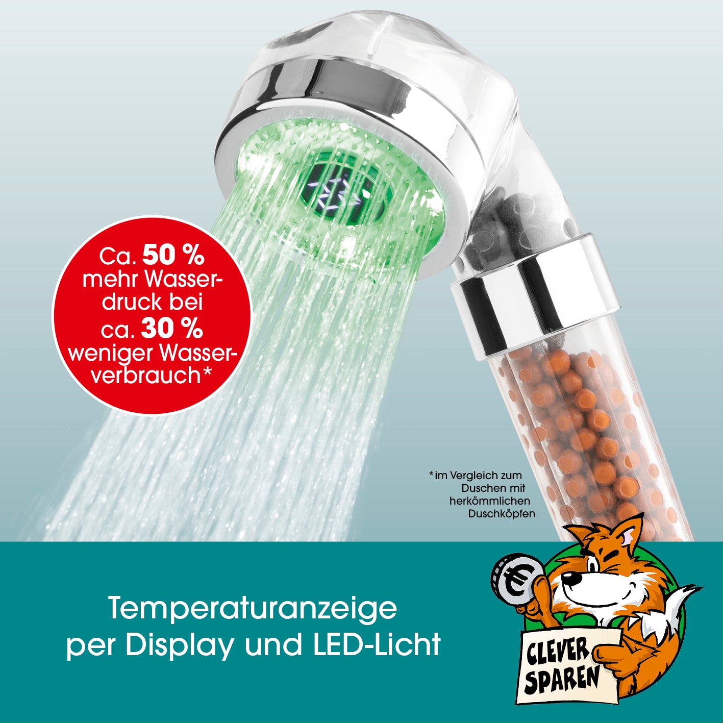 Duschkopf LED-Farbwechsel 6cm mit Mineralkugeln