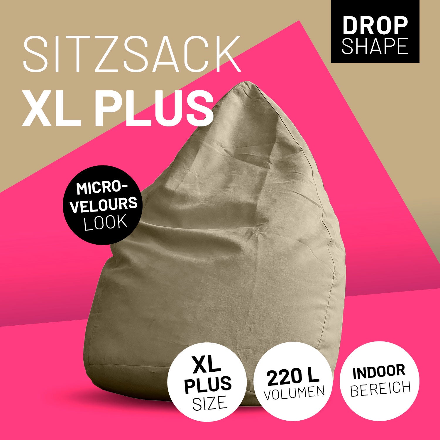 Luxury XL PLUS Sitzsack stylischer Beanbag - 220L Füllung mit extra starken Nähten - Beige