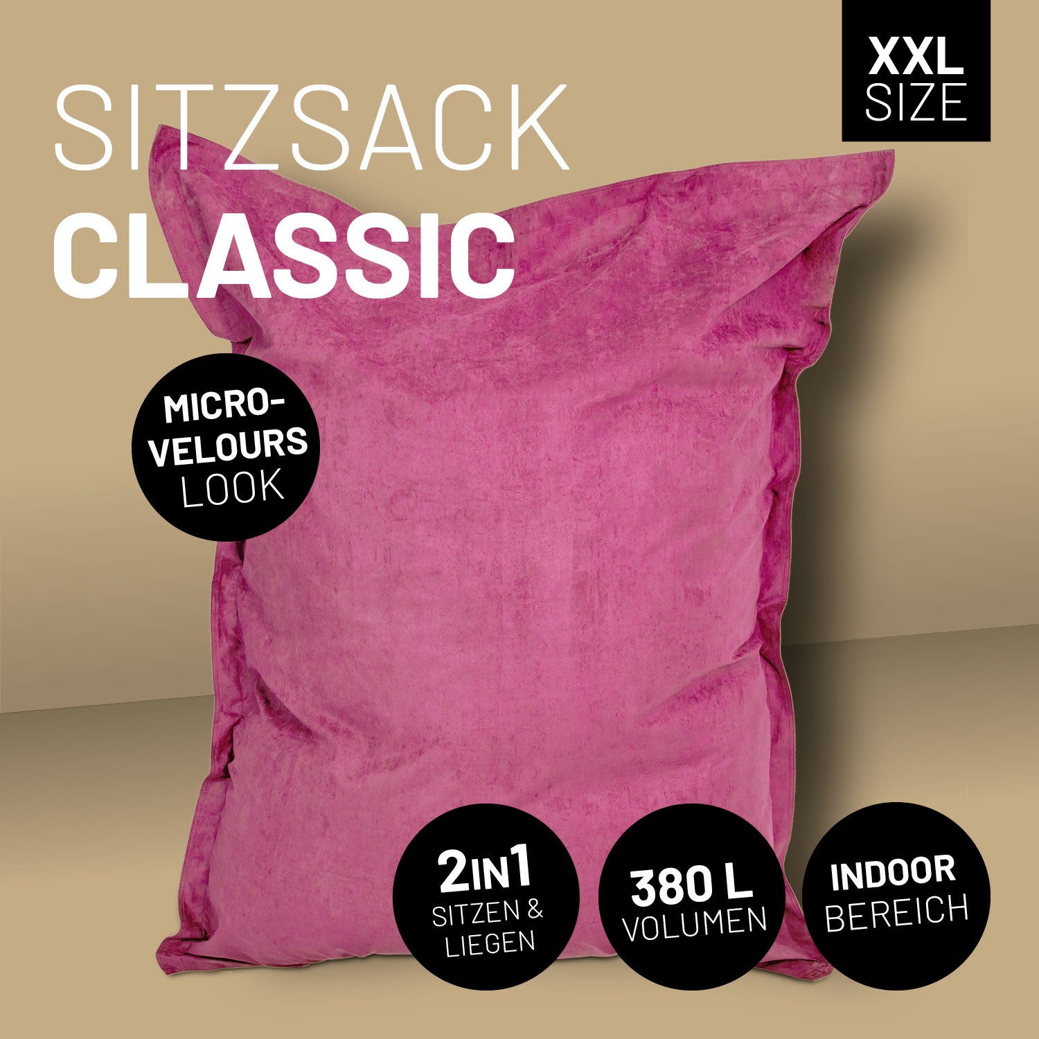 XXL Microvelours Sitzsack - 380L - 140 x 180 cm - Indoor - Pink