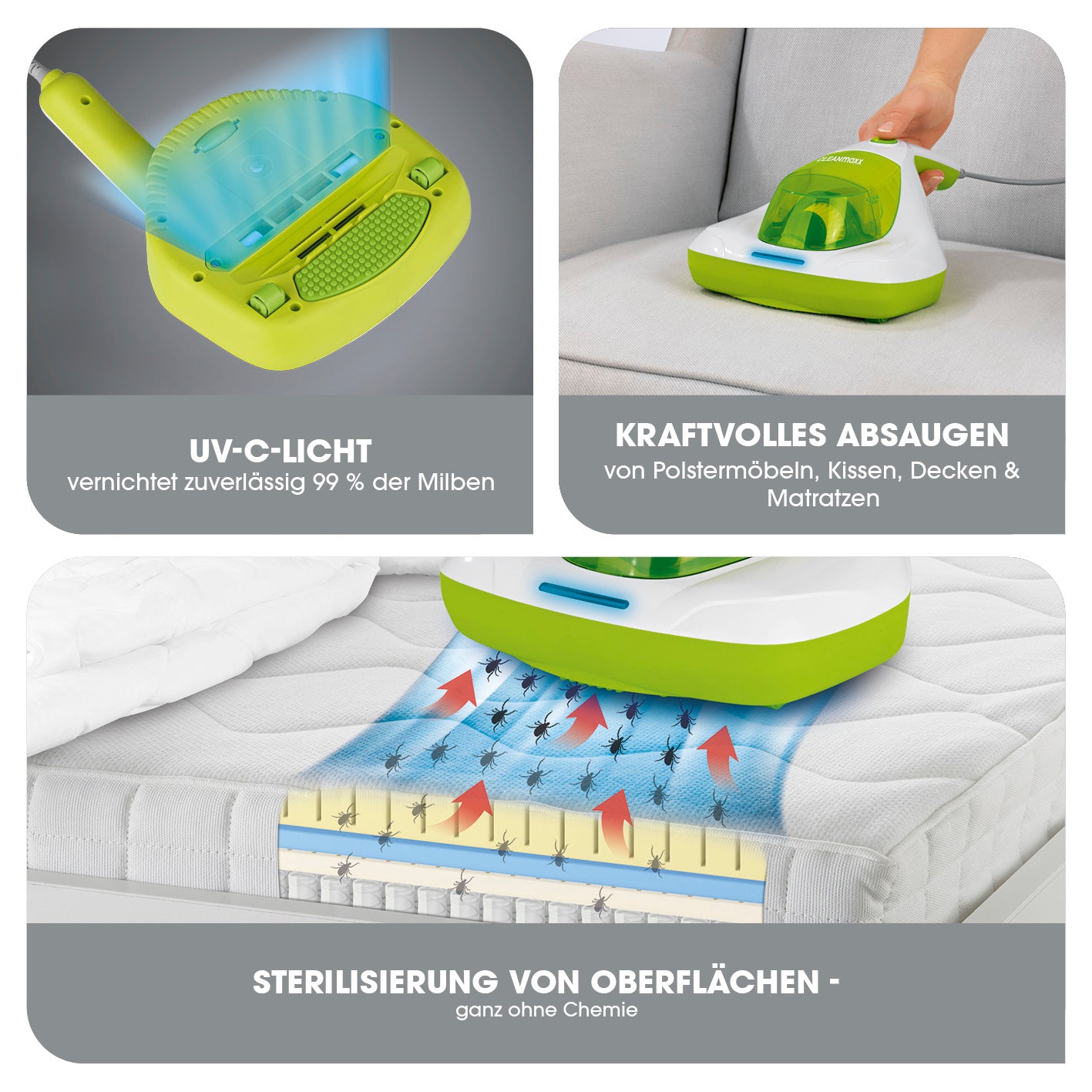 Milben-Handstaubsauger Kompakt mit UV-C Licht  - weiß/limegreen