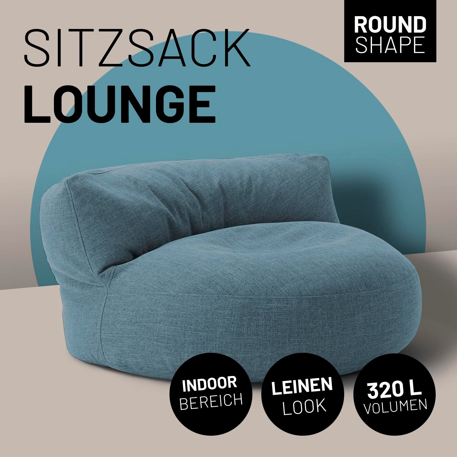 Interior Line Sitzsack-Lounge - Rundes Sitzsack-Sofa - 320l Füllung, 90 x 50 cm - Aqua