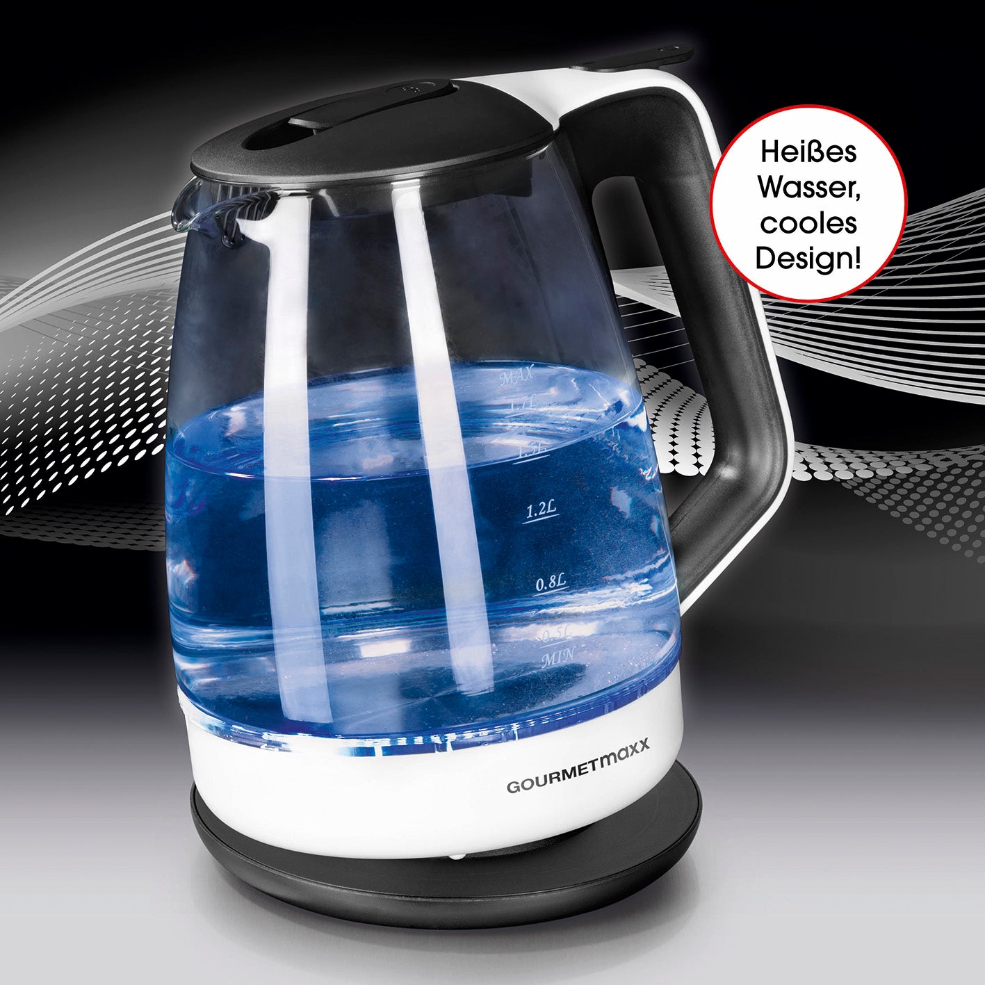 Glas-Wasserkocher - 360° drehbar - schwarz/weiß