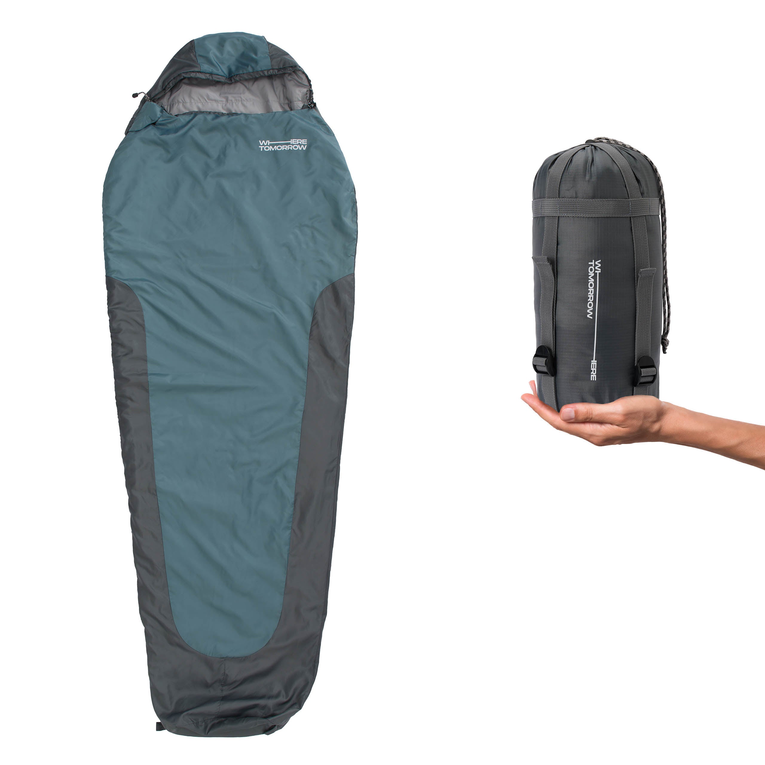 Camping Schlafsack Small & Light - Mumienschlafsack mit Tasche - 220 x 80 x 50 cm - Goblinblau-Grau