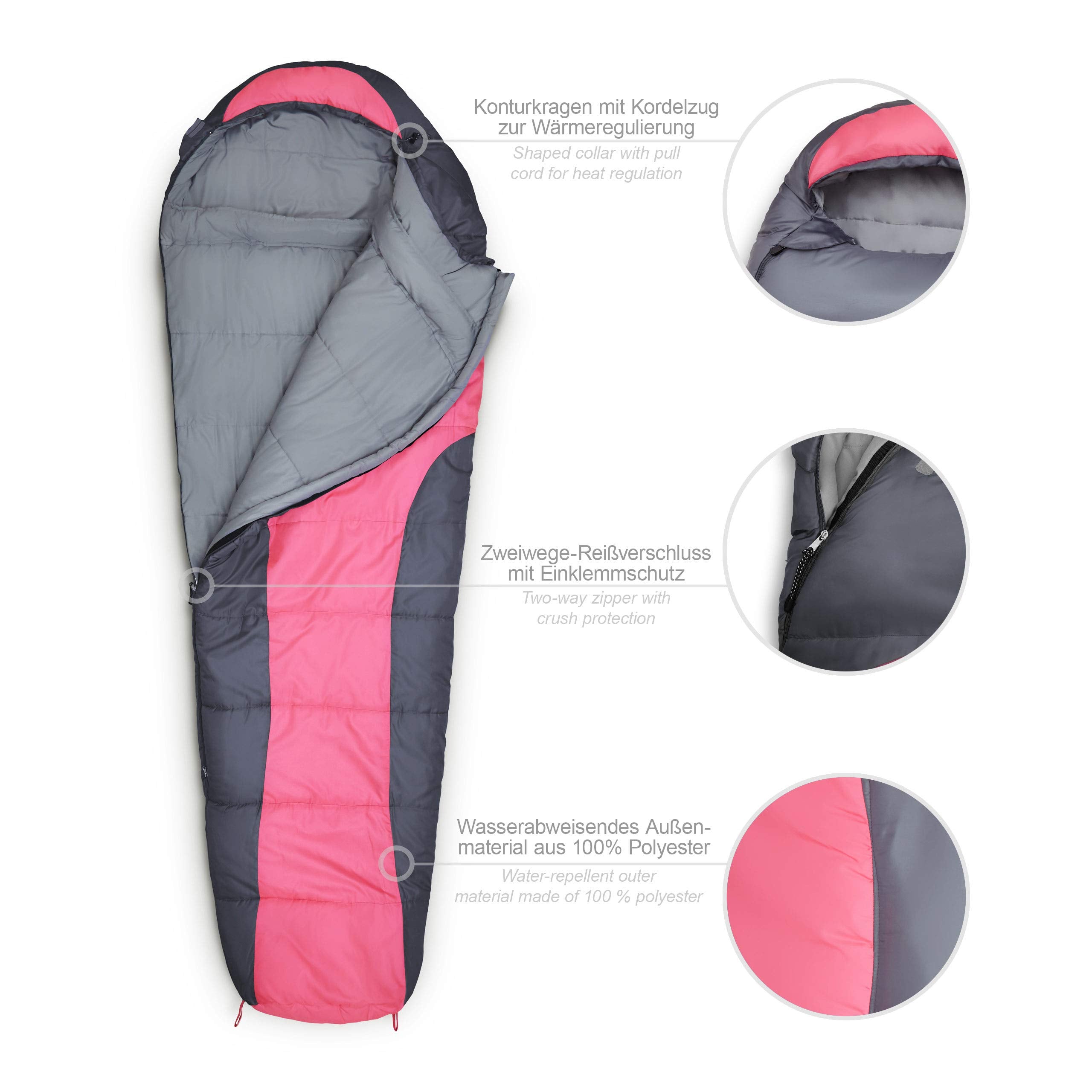 Camping Schlafsack Classic - Mumienschlafsack mit Tasche - 230 x 80 x 55 cm - Pink
