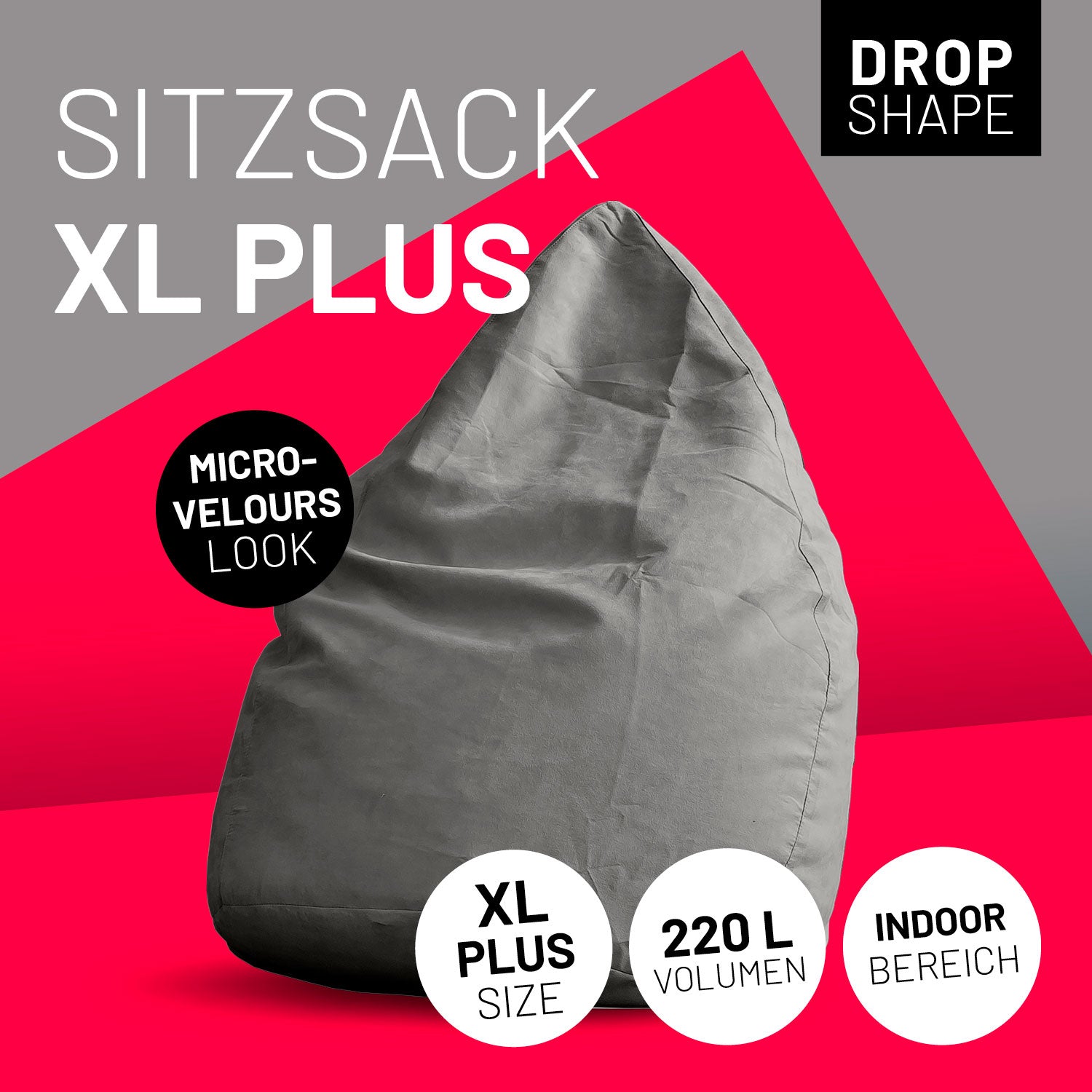 Luxury XL PLUS Sitzsack stylischer Beanbag - 220L Füllung mit extra starken Nähten - Grau