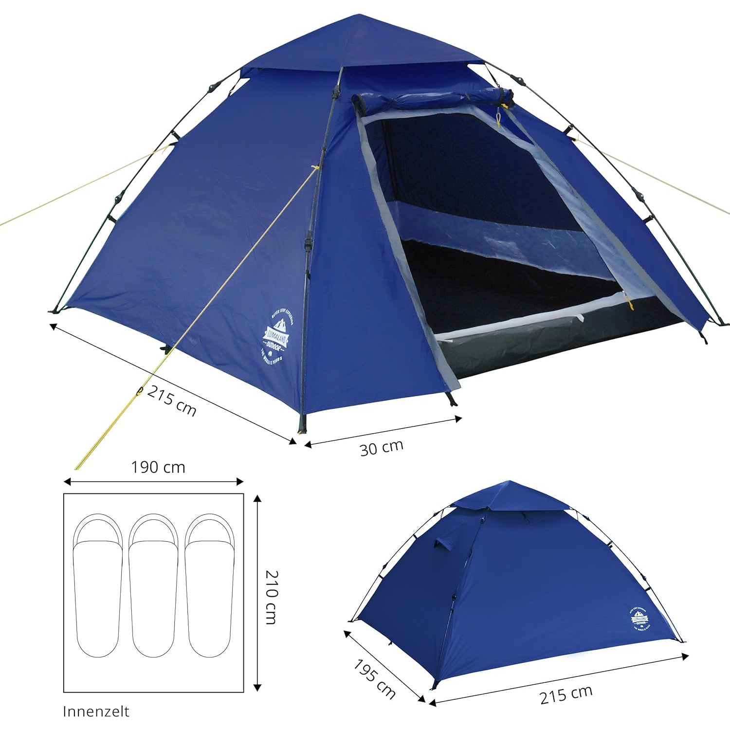 Pop Up Familienzelt Wurfzelt 3 Personen Zelt - 215 x 195 x 120 cm - Blau
