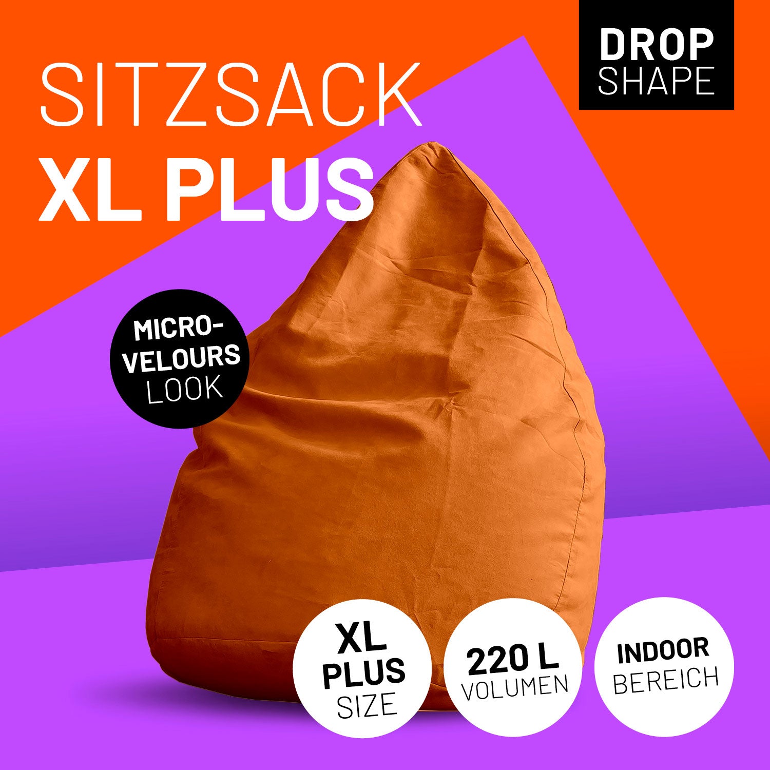 Luxury XL PLUS Sitzsack stylischer Beanbag - 220L Füllung mit extra starken Nähten - Orange
