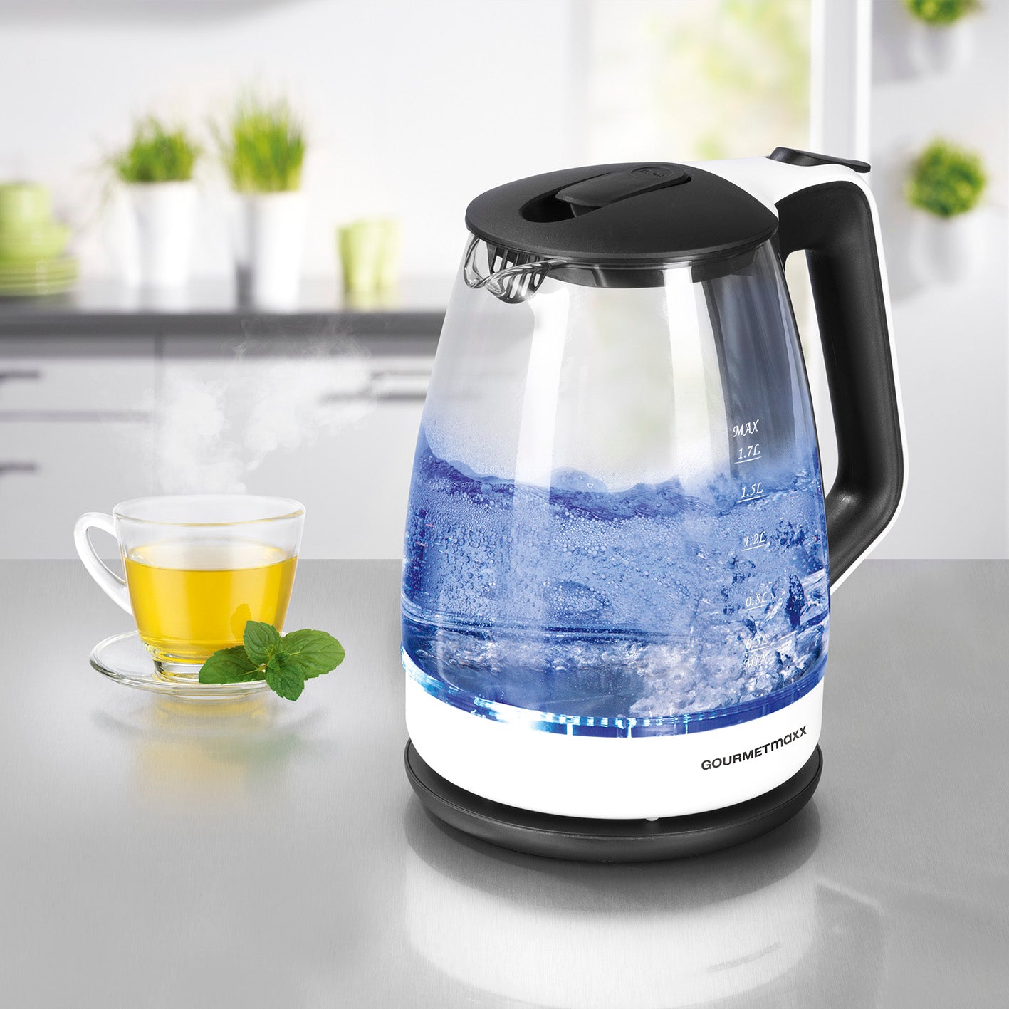 Glas-Wasserkocher - 360° drehbar - schwarz/weiß