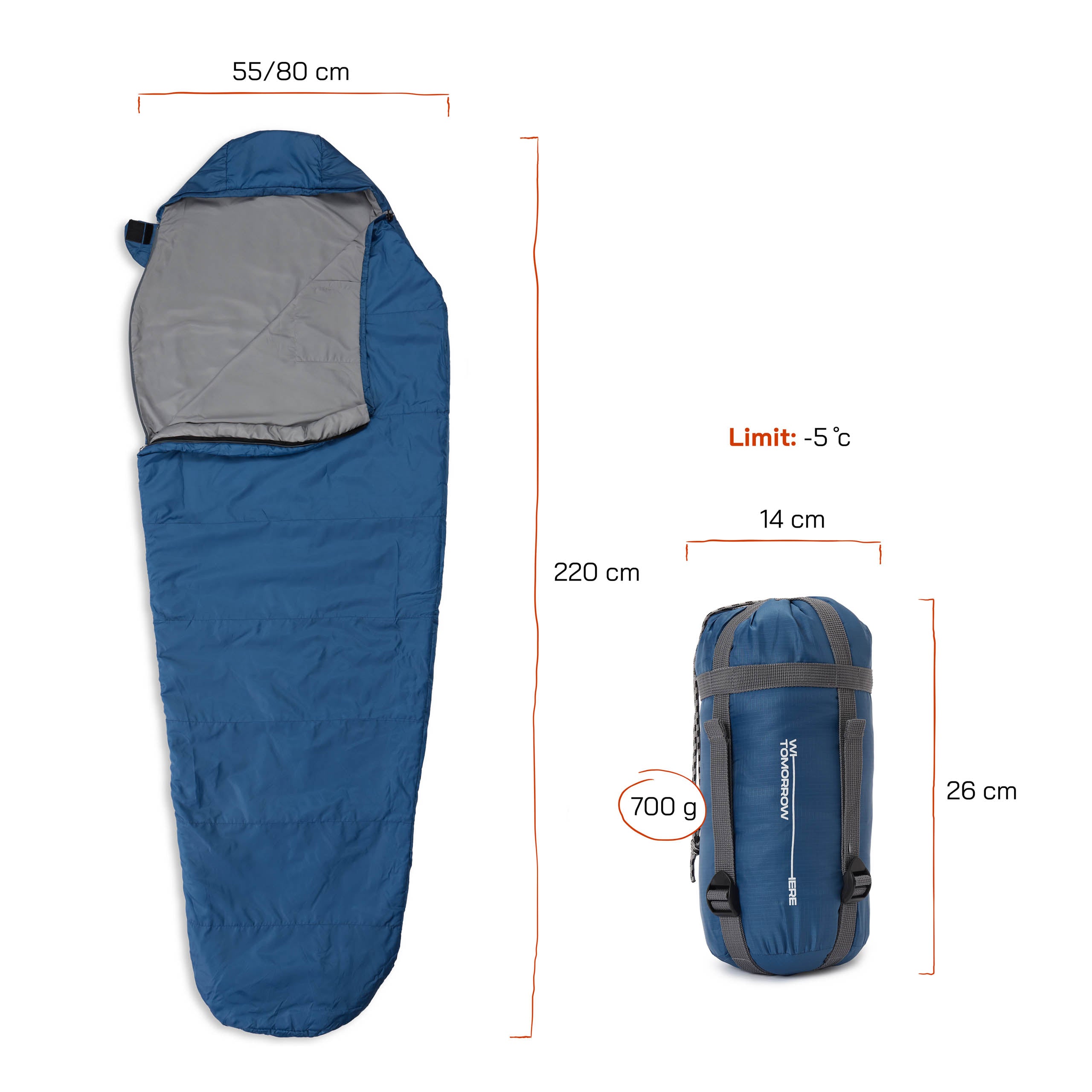 Camping Schlafsack Small & Light - Mumienschlafsack mit Tasche - 220 x 80 x 50 cm - Royalblau