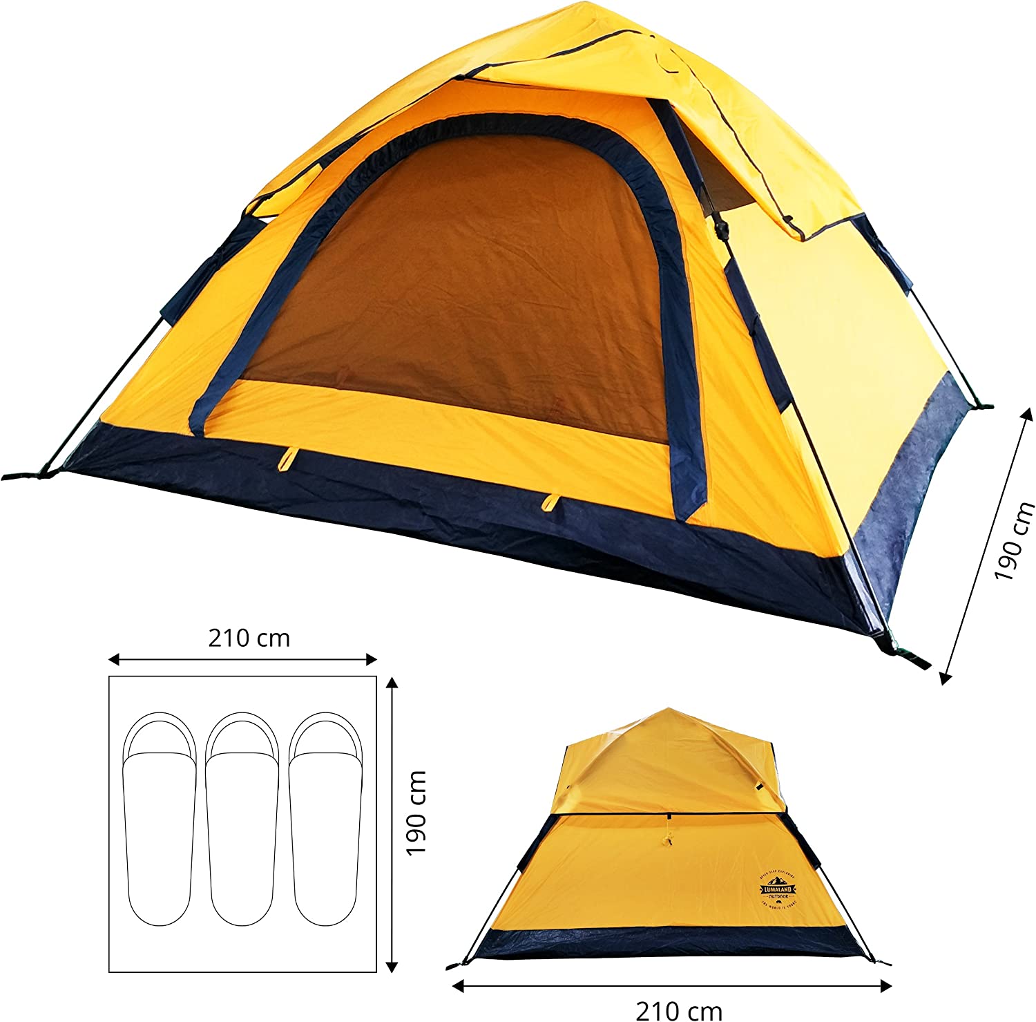 Pop Up Zelt - 3-Personen-Zelt mit Doppeltür- Wurfzelt Trekkingzelt - 210x190x110 cm - Gelb