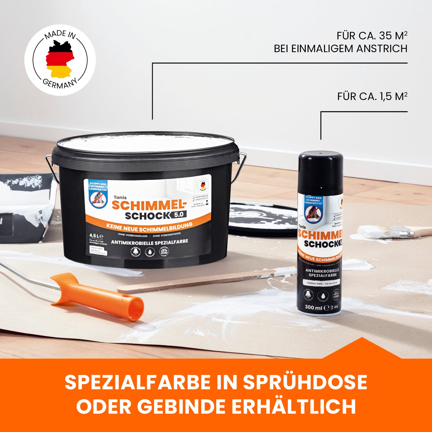 Tonis SCHIMMELSCHOCK 5.0 - Antimikrobielle Spezialfarbe - 4er-Set (4x 300 ml für 6 m2) - weiß