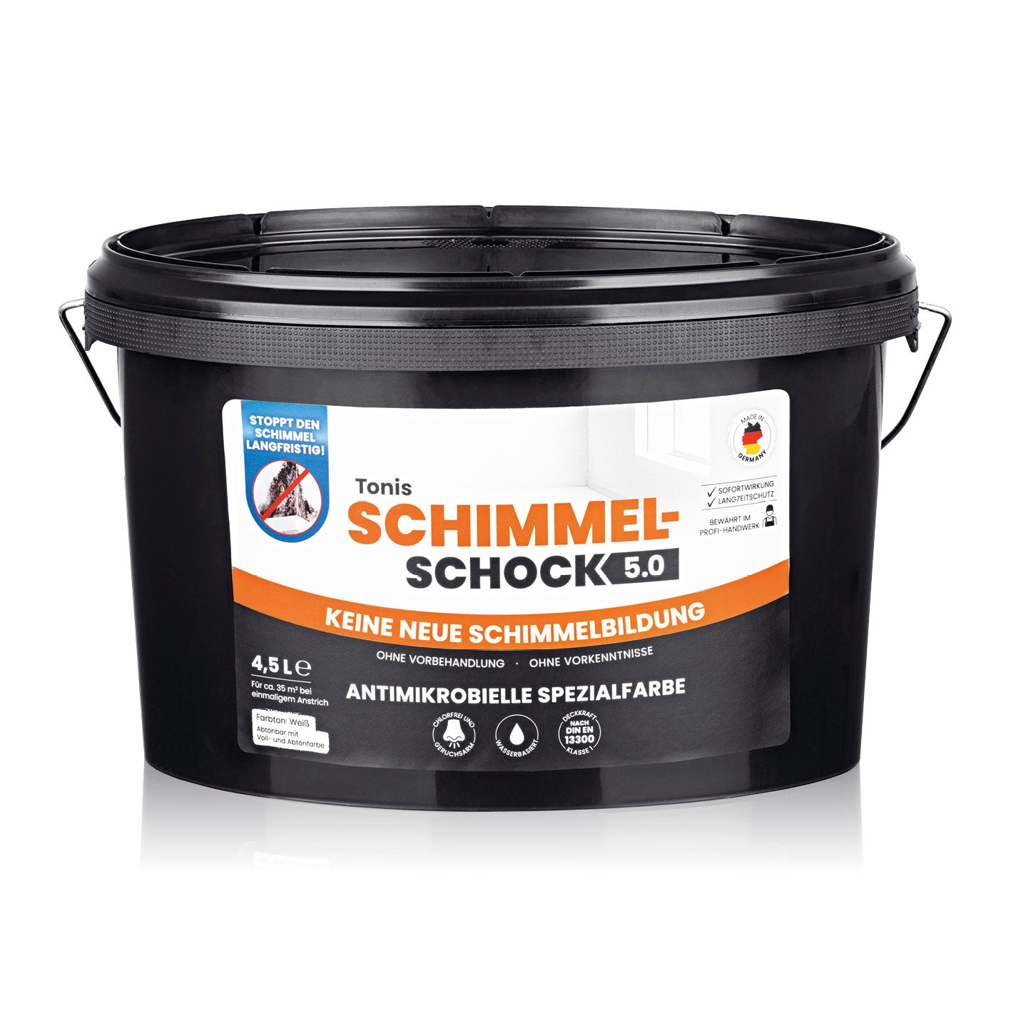 Tonis SCHIMMELSCHOCK 5.0 - Antimikrobielle Spezialfarbe - Farbeimer 4,5l Gebinde - weiß