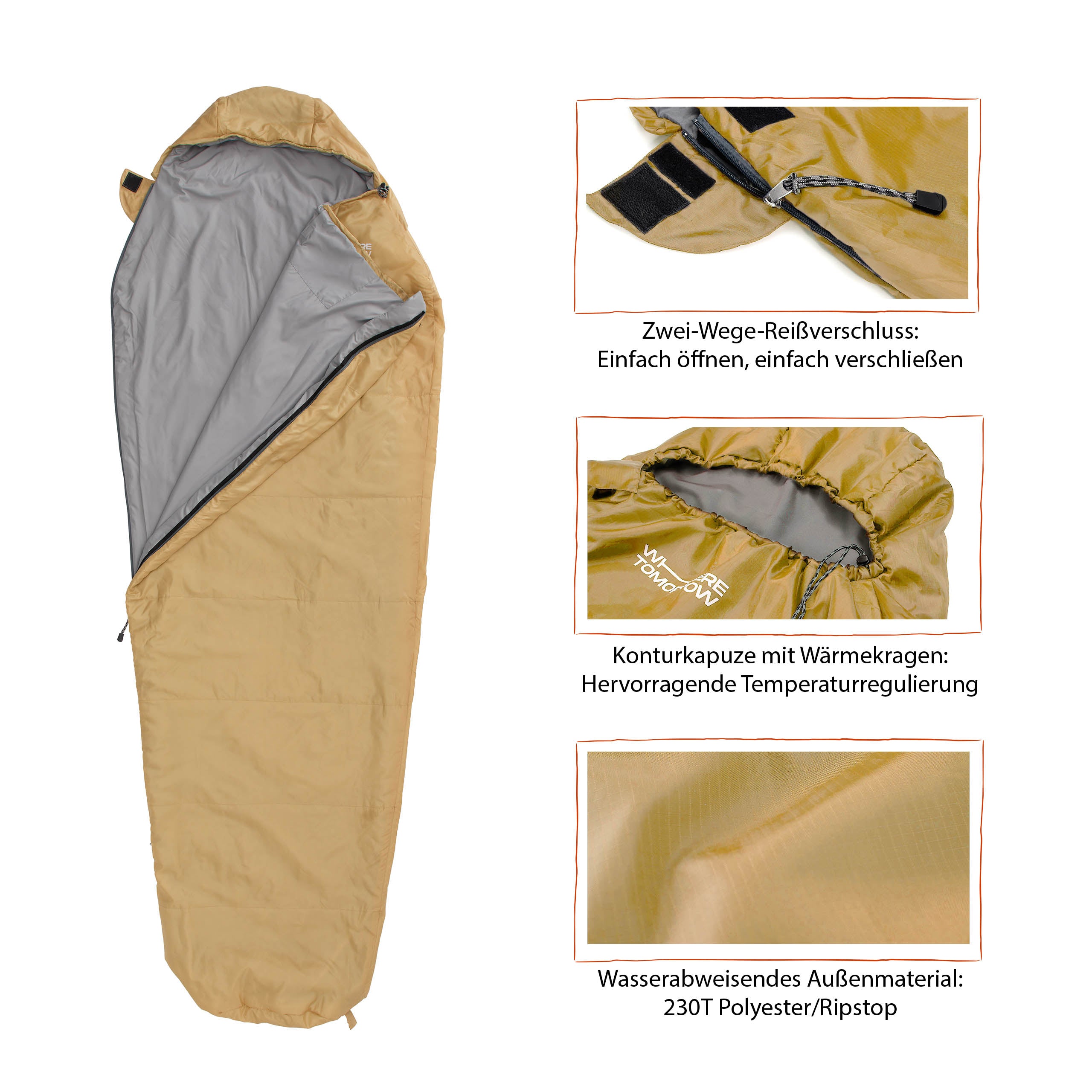 Camping Schlafsack Small & Light - Mumienschlafsack mit Tasche - 220 x 80 x 50 cm - Curry
