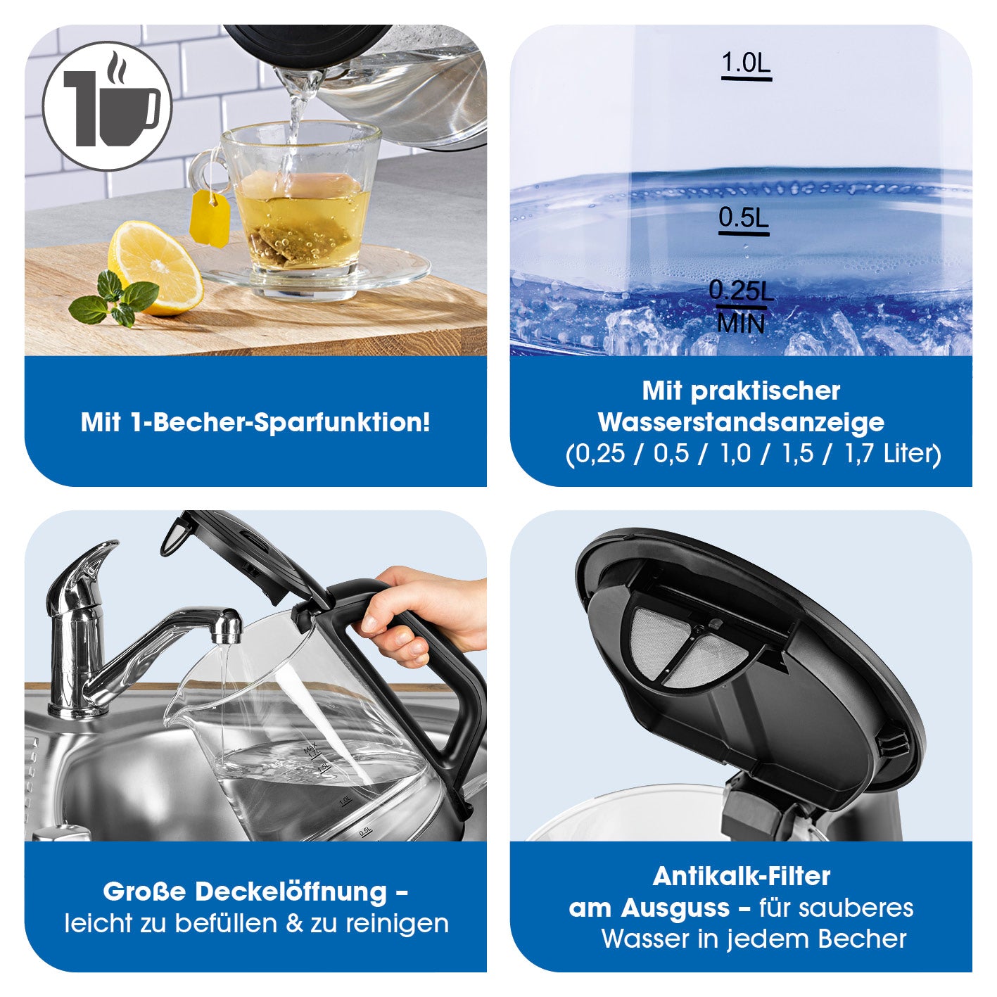 Glas-Wasserkocher - 1,7l (Skala 0,25l) - Edelstahl/schwarz