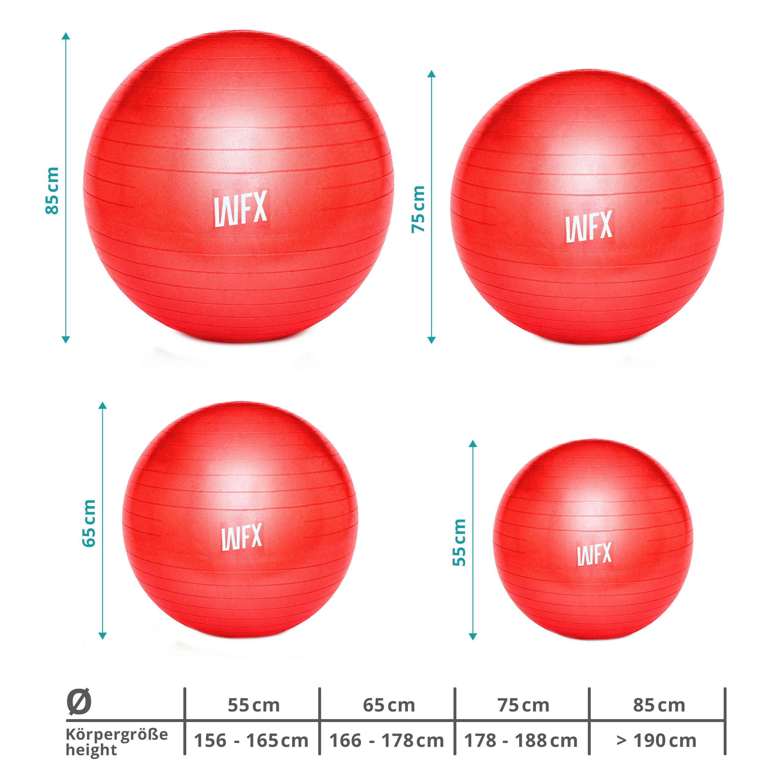 Gymnastikball inkl. Ballpumpe - Fitness Sitzball - Rot - 65 cm