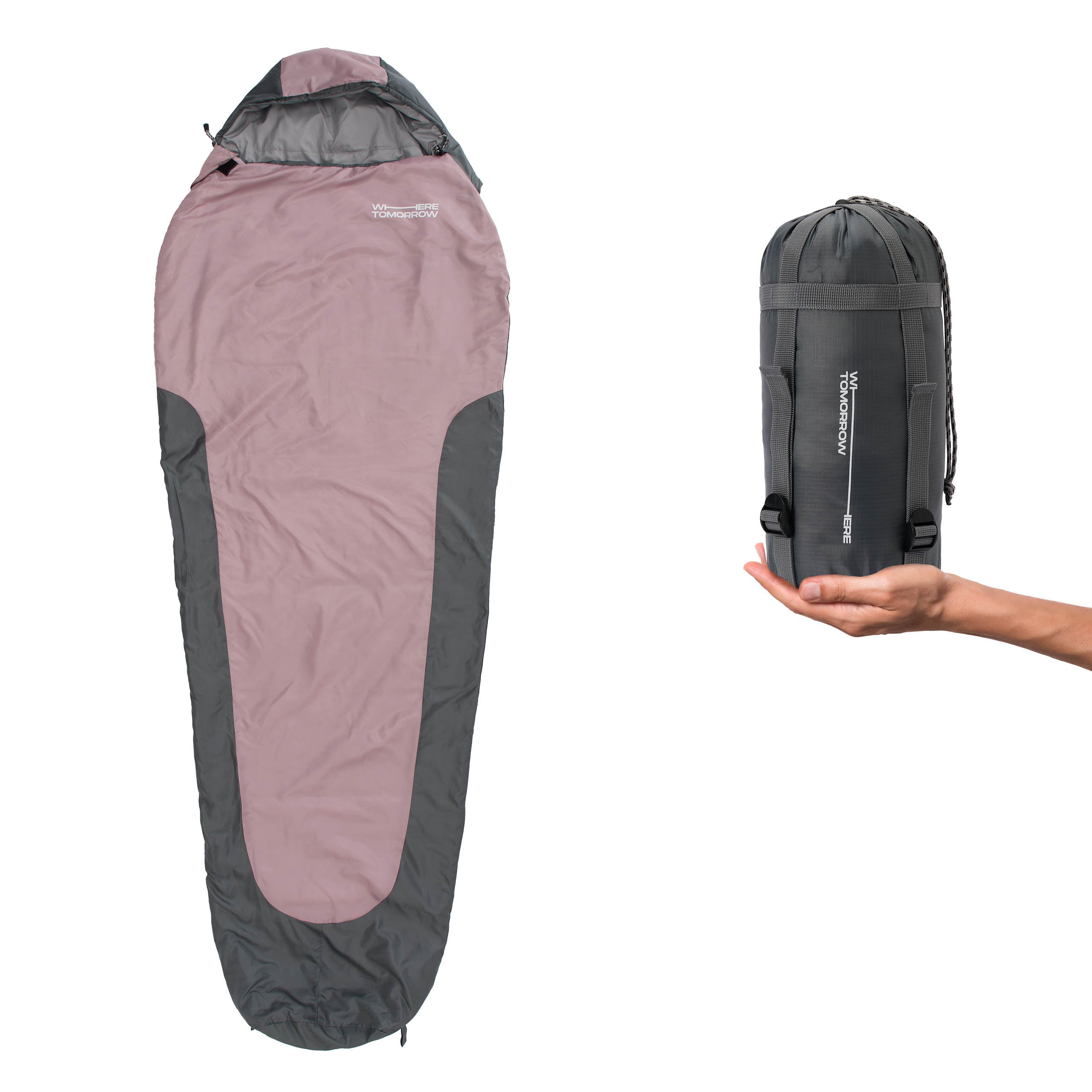 Camping Schlafsack Small & Light - Mumienschlafsack mit Tasche - 220 x 80 x 50 cm - Rose-Grau