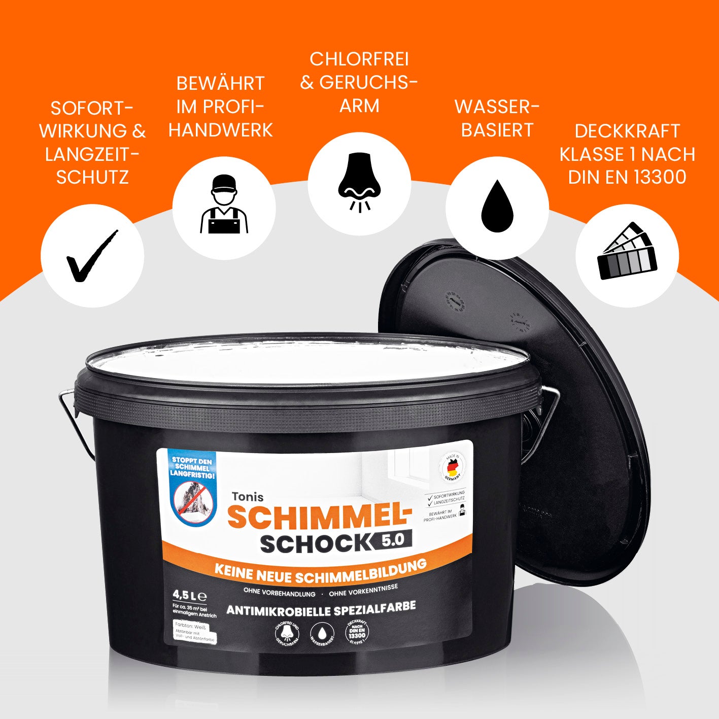Tonis SCHIMMELSCHOCK 5.0 - Antimikrobielle Spezialfarbe - Farbeimer 4,5l Gebinde - weiß