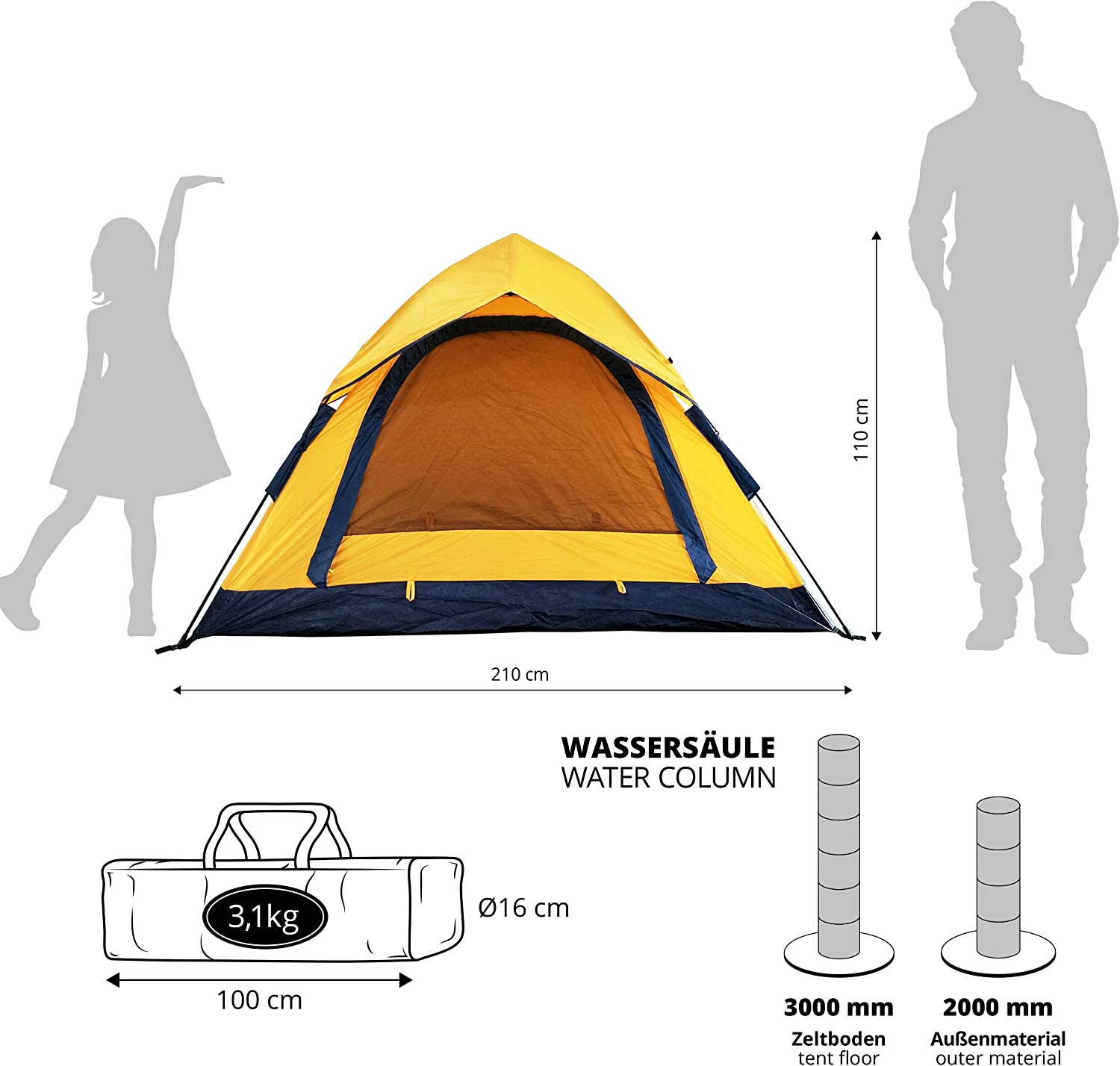 Pop Up Zelt - 3-Personen-Zelt mit Doppeltür- Wurfzelt Trekkingzelt - 210x190x110 cm - Gelb