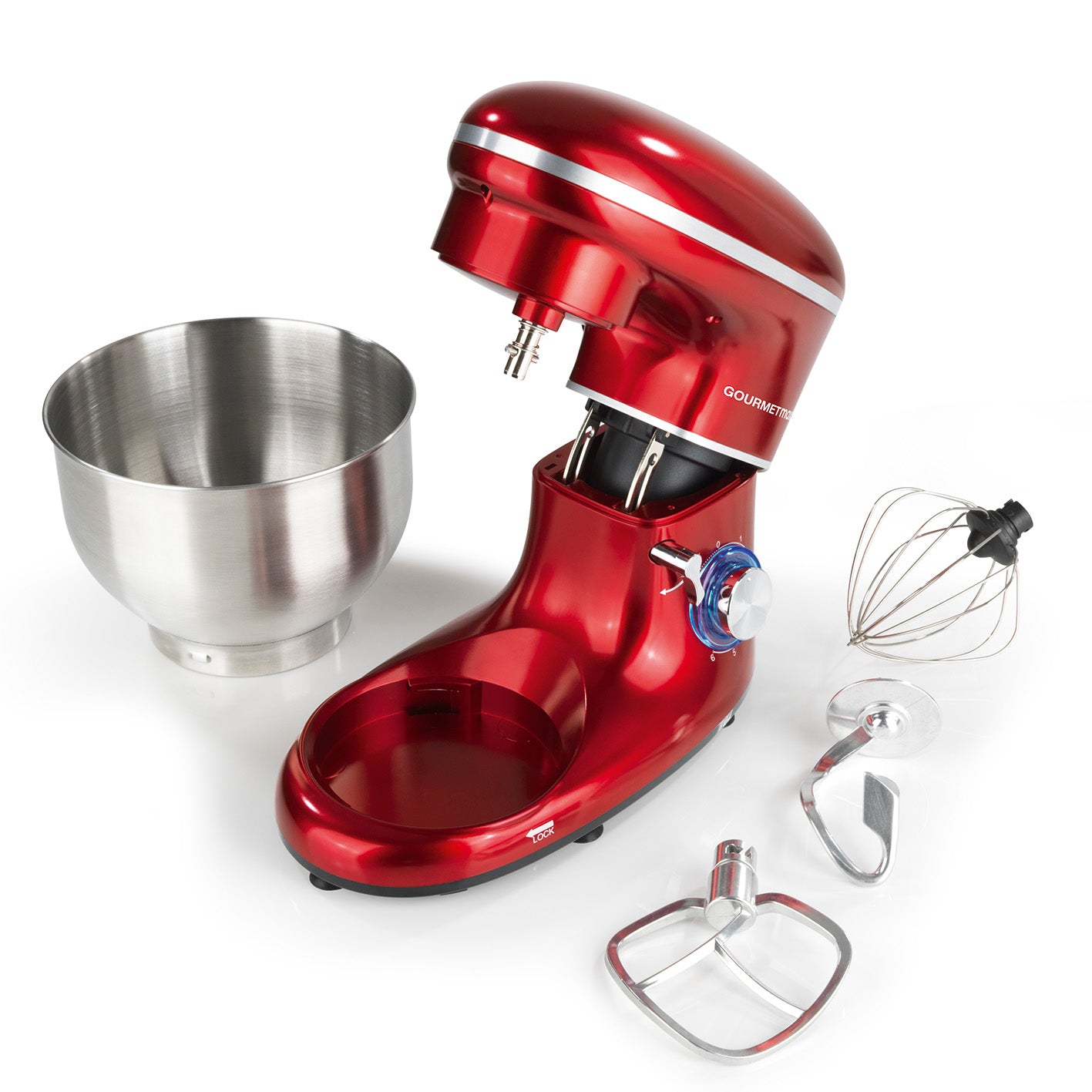 Küchenmaschine - 6 Geschwindigkeitsstufen und Turbofunktion - Edelstahl / rot